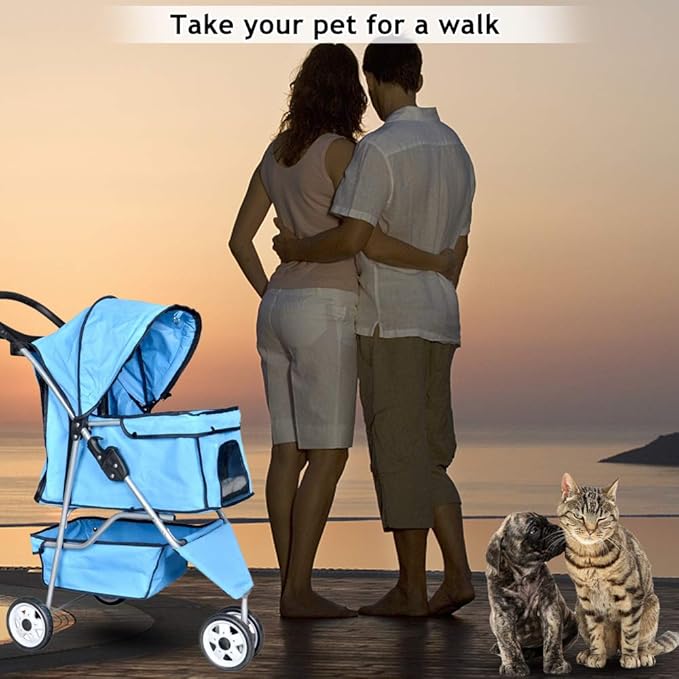 Dkeli 3-Wheel Pet Stroller, Lightweight Foldable Dog Stroller for Small Medium Dogs & Cats, Breathable Mesh & Weather Cover with Storage Basket, for Daily Walk Outdoor Travel (Blue)
