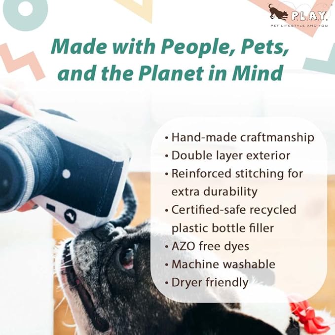 P.L.A.Y. Cute Plush Dog Toys - Globetrotter, Travel Themed Durable Squeaker Chew Toy, Great for Puppies & Small, Medium, Large Dog Breeds - Machine Washable, Recycled Materials (Lens Licker Camera)