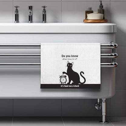 Cat Kitchen Towels - Funny Feeding Time Quick-Dry Implied Message Art Hand Towel, Decorative Dish Towel with Whimsical 'Meal O'Clock' Motif for Feline Ladies & Pet Parents | Crazy Cat Lady Gifts
