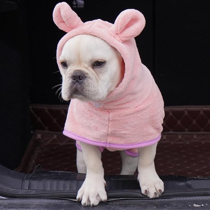Dog Drying Coat with Hood, Adjustable Soft Wrap Bathrobe with Buckle, Super Absorbent Fast Drying Tower for Small, Medium, Large Dog Cats (Large, Pink)
