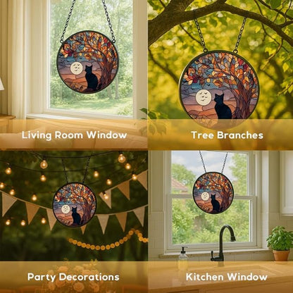 Stained Glass Window Hanging， Black Cat 9.8in Sun Catchers Indoor Window， Core Decor Inside and Outside The Cottage， Gothic Home Decor Gifts for Women， Cute Cat Lover Decor