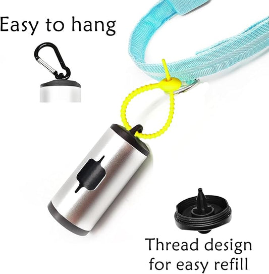 Aluminum Dog Poop Bags Holder with Carabiner Metal Pet Waste Bags Dispenser with Hook and Loop Fastener and Elastic Cord to Carry Used Bags (Silver)