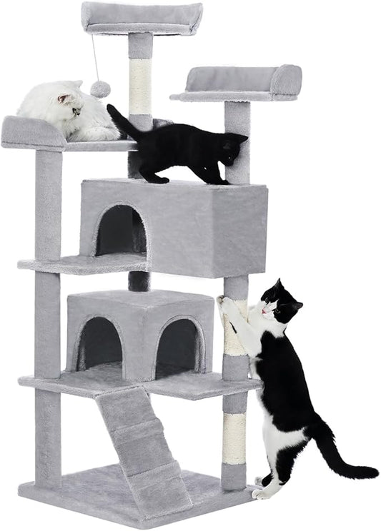 Made4Pets Cat Tree 54in Cat Tower for Indoor Cats Kitten Tree Multi-Level Cat Tree with 2 Condo Furniture Activity Center with Scratching Posts Funny Toys Kittens Pet Play House, Light Grey