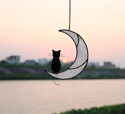 Black Cat On White Moon Stained Glass Window Hangings Ornament,Cat Memorial Gifts, Themed Gifts for Cats Lovers