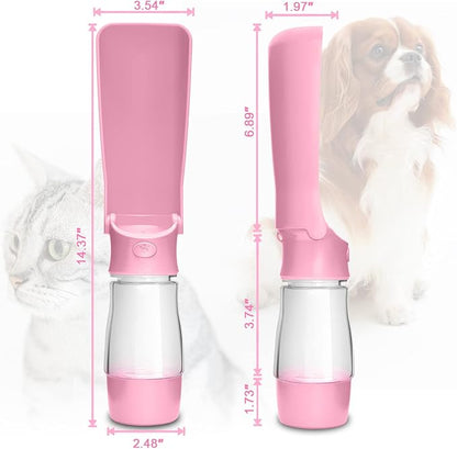 Dog Water Bottle with Food Container, Foldable Portable Puppy Travel Water Dispenser, Leak Proof Dog Water Bowl Summer Accessories for Pet Outdoor Walking Hiking (Pink)