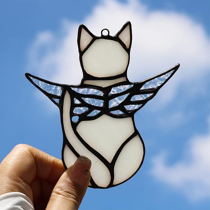 BOXCASA Angel Cat Memorial Gifts for Women,Stained Glass Window Hanging Decorations,Angel Wings White Cat Suncatcher Decor,Pet Memorial Sympathy Gifts Decoration