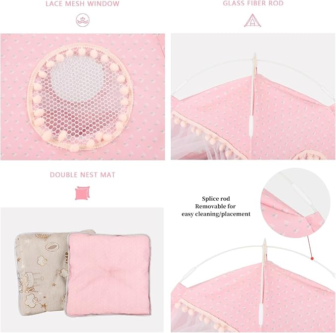 Selena Cat Bed Tents Dog House Indoor Outdoor Lace Mesh Breathable Windows Door Curtains Removable Portable Nest Teepe House (Medium,Pink(Flower))
