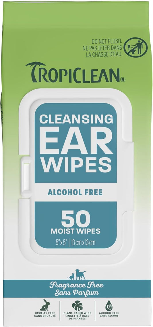 TropiClean Dog Ear Wipes, Dog Ear Cleaner, Soothing Itch Relief, Gently Removes Wax and Debris, Odor Eliminating, Safe for Daily Use, Cat Safe, 50ct.