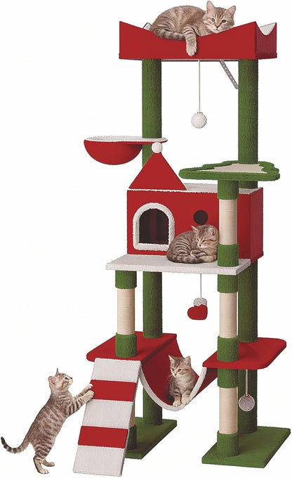 STILLCOVE 63" Large Christmas Cat Tree Tower Indoor: Tall Modern Cute Heavy Duty Cat Condo House with Scratching Post & Hammock for Maine Coon