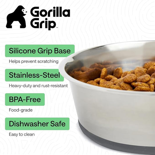 GORILLA GRIP Dog Bowls, Heavy Duty 304 Stainless Steel, Holds 2 Cups Each (16 fl oz) Food and Water Bowl for Feeding Dogs and Cats, Dishwasher Safe, Rust Resistant, BPA Free Rubber Base Set of 2 Gray