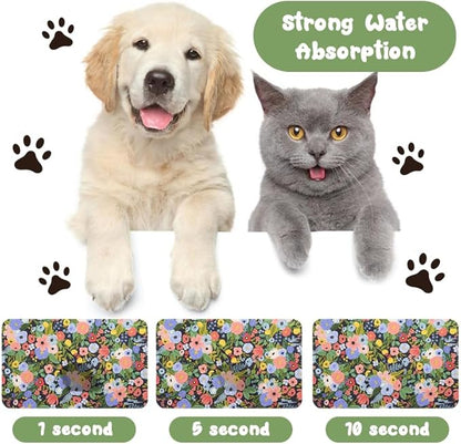 Dog Food Mats for Floors Waterproof, Pet Water Bowl Mats Pet Feeding Absorbent Placemats Flower 16 * 24 inch