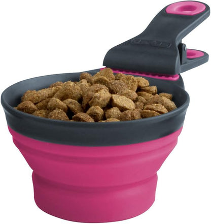Dexas Popware for Pets Collapsible Klip Scoop, 3 in 1 Design Convenient Measuring Cup, Food Scooper and Bag Clip, ½ Capacity Pet Food Scoop, Versatile Food Measuring Cups Portion Control Gray/Pink