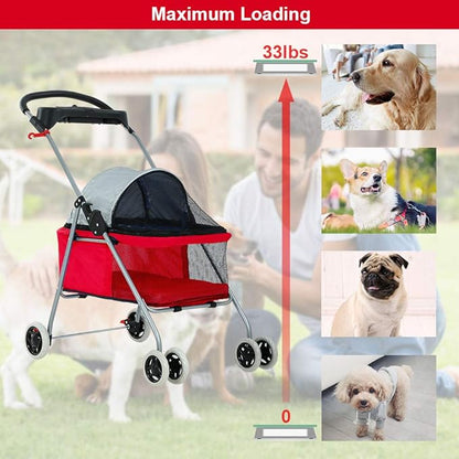 BestPet Pet Stroller 4 Wheels Posh Folding Waterproof Portable Travel Cat Dog Stroller with Cup Holder (Red)