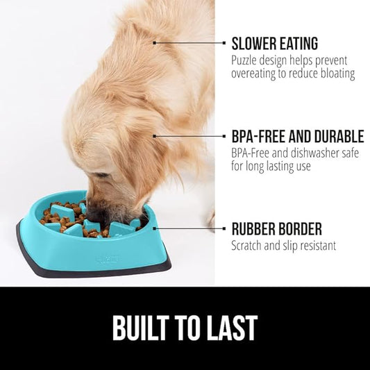 GORILLA GRIP Patented BPA Free Slow Feeder Dog Bowls, Interactive Puzzle Toy for Dogs and Cats Food Training Enrichment, Keeps Pets Busy and Prevents Puppy Overeating, All Breeds, 2 Cup, Turquoise