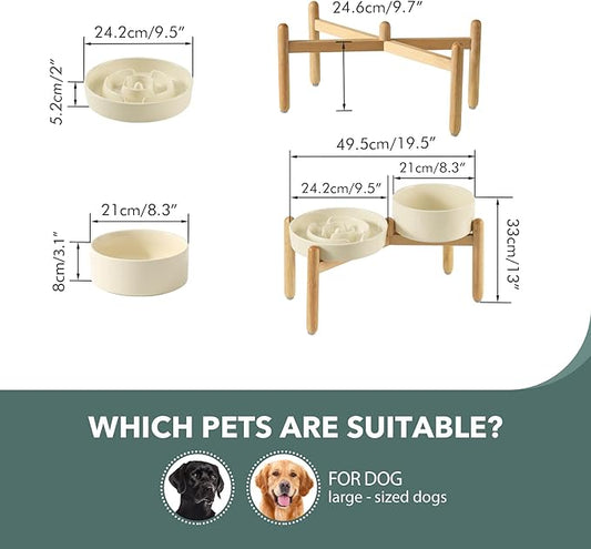 3.2 Cup Ceramic Raised Slow Feeder Dog Bowl Set, Elevated 8.2inch Bowl and 9.5inch Puzzle Slow Food Dish with Wooden Stand for Large Dog, Anti-Gulping (2 x Beige+ Stand)
