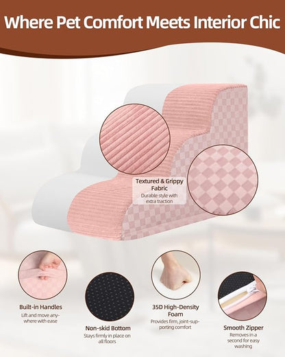Dog Stairs Ramp for Couch 15.7”H, 3-Step Pet Stairs for Small Dogs with High Density Foam, Dog Slope Stairs with Durable Non-Slip Bottom for Puppy Pink