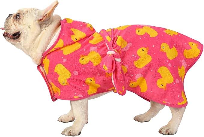 HDE Dog Bathrobe Super Absorbent Quick Drying Puppy Towel Wrap Coat Adjustable After Bath Robes with Hood for Dog Sizes S-XXL Pink Rubber Ducks M