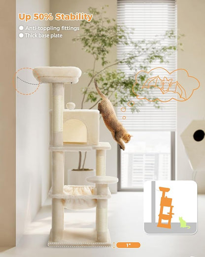 MUTTROS Cat Tree for Indoor Cats, 45.7" Multi-Level Cat Tower with Large Metal Frame Hammock, Cat Condo with 4 Scratching Posts and Top Perch for Small Medium Cat, Beige