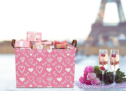 Rectangular Storage Basket Empty,Collapsible Gift Basket with Handles,Heart Print Basket, Books Box,Room Decor(Lovely Heart)