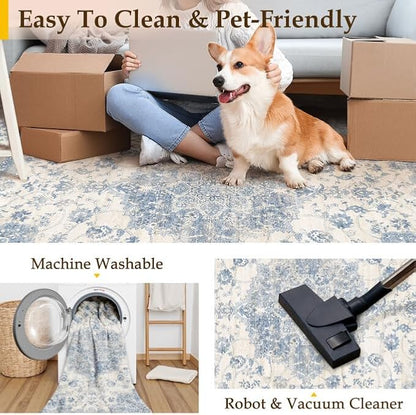 Washable Runner Rug 2x8 for Hallway Blue Vintage Long Carpet Soft Low Pile Non Slip Throw Rug Floral Distressed Accent Rug for Entryway Bathroom Office Laundry Dining Room