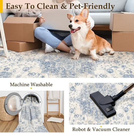 Washable Runner Rug 2x8 for Hallway Blue Vintage Long Carpet Soft Low Pile Non Slip Throw Rug Floral Distressed Accent Rug for Entryway Bathroom Office Laundry Dining Room