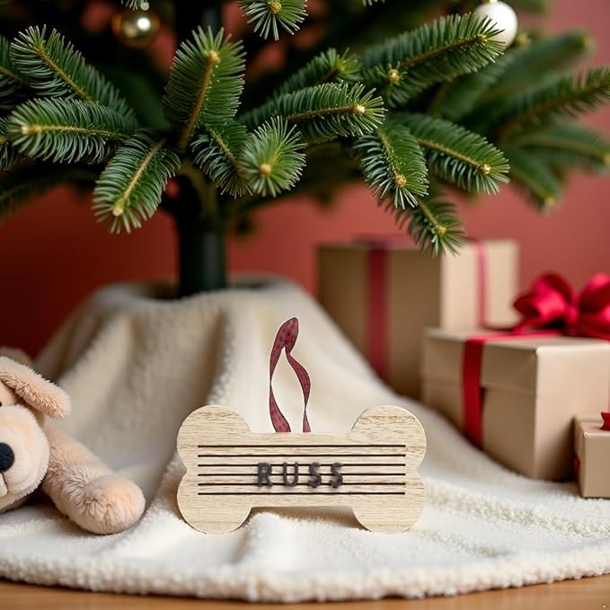 Pearhead Pet Letterboard Bone Holiday Christmas Tree Ornament, Pet Owner Christmas Keepsake, Wood with Buffalo Check Hanging Ribbon