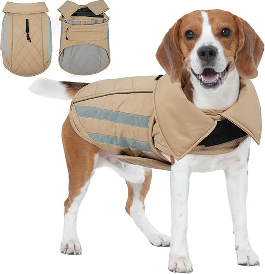 IECOii Dog Coat for Winter - Warm Cold Weather Vests for Broad Chest Dogs, Reflective & Adjustable Vest Jacket for Outdoor, Waterproof Winter Jackets Mashine Washable, Khaki, Sizes L