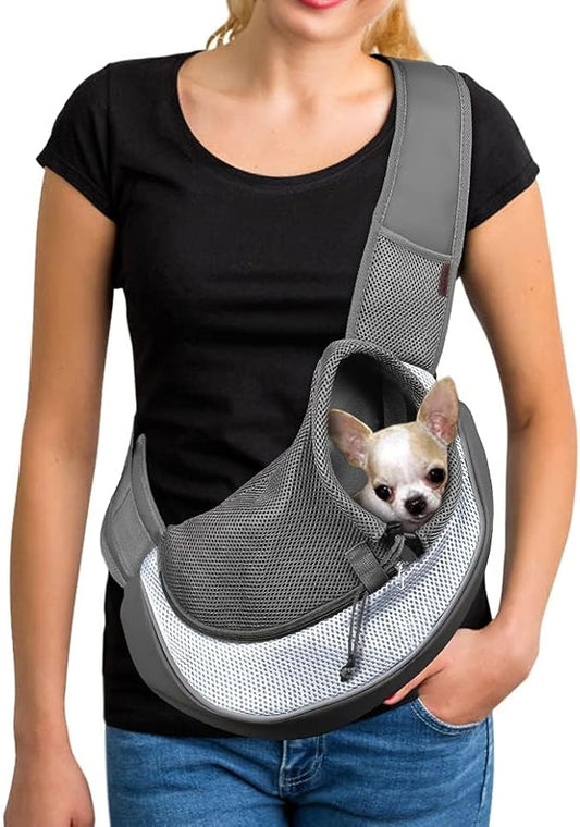 YUDODO Pet Sling Carrier for 2-5 lbs Small Dogs & Cats – Hands-Free Puppy Carrier with Safety Hook, Large Zipper Pocket, Soft Breathable Mesh, Adjustable Strap & Reflective Strip (Gray 1.0 S)