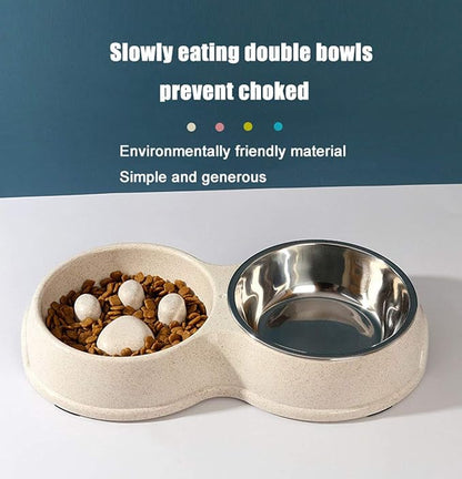 Tineer Double Pet Dog Slow Feeder Bowl,Stainless Steel Anti-Choke Puppy Food and Water Feeder for Dog Cats (Pink)