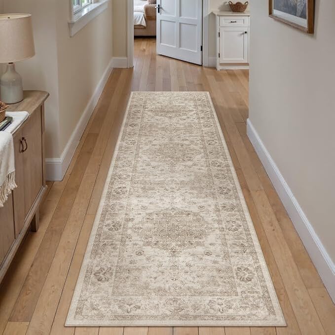 Washable Runner Rug 2x8 for Hallway Beige Neutral Vintage Long Carpet Soft Low Pile Non Slip Throw Rug Floral Distressed Accent Rug for Entryway Bathroom Office Laundry Dining Room