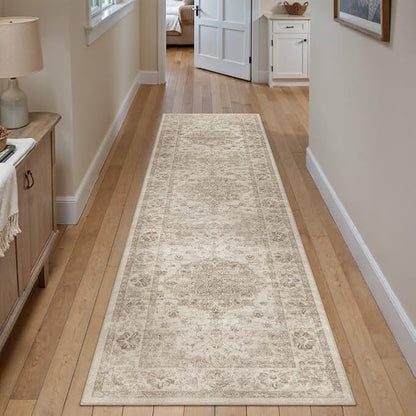 Washable Runner Rug 2x8 for Hallway Beige Neutral Vintage Long Carpet Soft Low Pile Non Slip Throw Rug Floral Distressed Accent Rug for Entryway Bathroom Office Laundry Dining Room