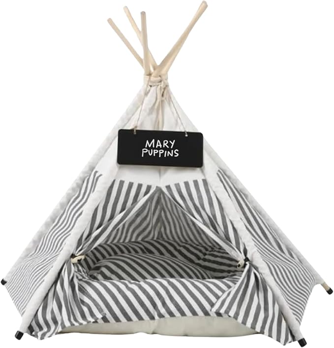 Glow Pups Pet Teepee, Cozy Retreat Dog Teepee with Thick Cushion, Portable and Foldable Canvas Pet Tent for Small Dogs and Cats up to 33lbs, Grey and White Striped