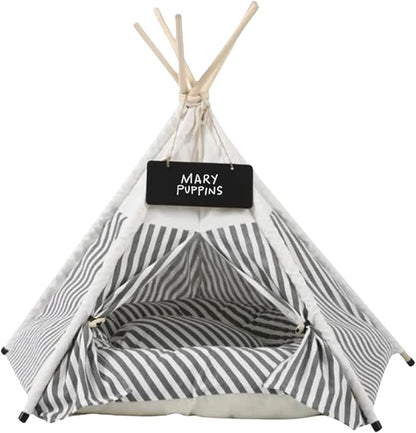 Glow Pups Pet Teepee, Cozy Retreat Dog Teepee with Thick Cushion, Portable and Foldable Canvas Pet Tent for Small Dogs and Cats up to 33lbs, Grey and White Striped