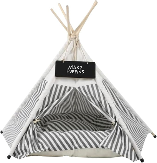Glow Pups Pet Teepee, Cozy Retreat Dog Teepee with Thick Cushion, Portable and Foldable Canvas Pet Tent for Small Dogs and Cats up to 33lbs, Grey and White Striped