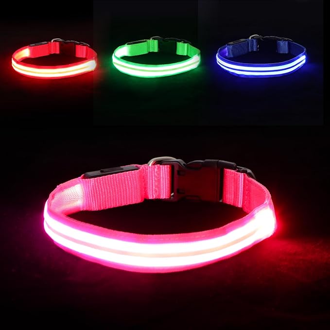 LED Light Up Dog Collar for Night Walking, Rechargeable Safety Glow Illuminated Collar with 3 Modes Flashing, Reflective Adjustable Pet Light for Small/Medium Dogs Puppy 15-19" Neck 1 Pack (Pink)