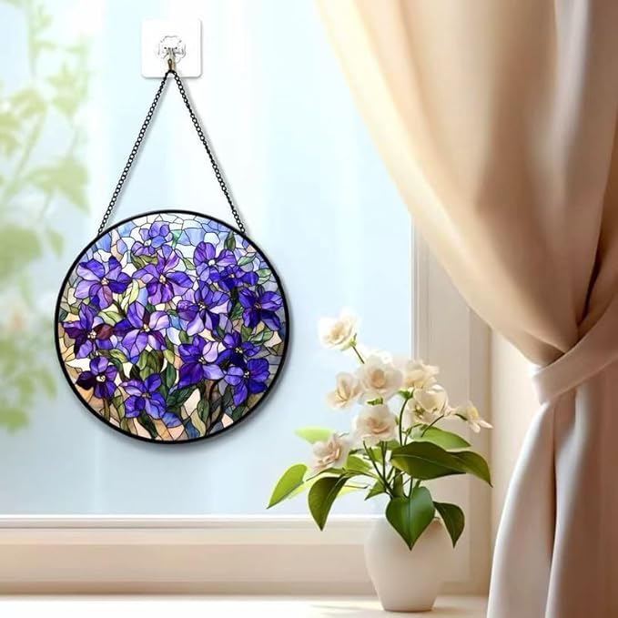 Stained Glass Window Hanging Lilac Stained Glass Style Suncatcher Round Purple Flower Window Hanging Decorative Panel Sun Catcher for Home Window Garden Gift