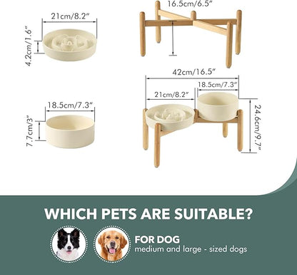 Ceramic Raised Slow Feeder Dog Bowl Set, Elevated 7.3inch Bowl and 8.2inch Puzzle Slow Dish with Wooden Stand for Medium and Large Dog, Anti-Gulping (2X Beige+ Stand)