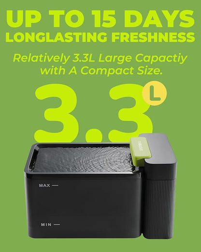 Furbulous True Clean-Drinking Automatic Water Dispenser with Ultrafiltration, 316 Stainless Steel & BPA-Free Tray, 3.3L/112oz Large Bowl, Two-Mode Fountain for Cat/Medium Dog/Pet (Black, Upgraded)