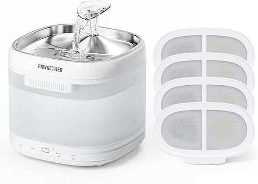 PAWGETHER® Cat Water Fountain with 4 Filters, Ultra Quiet Pumpless Pet Water Fountain with Stainless Steel Tray, 67oz/2L Water Fountains for Cats Indoor with 360° Motion Sensor for Cats & Dogs