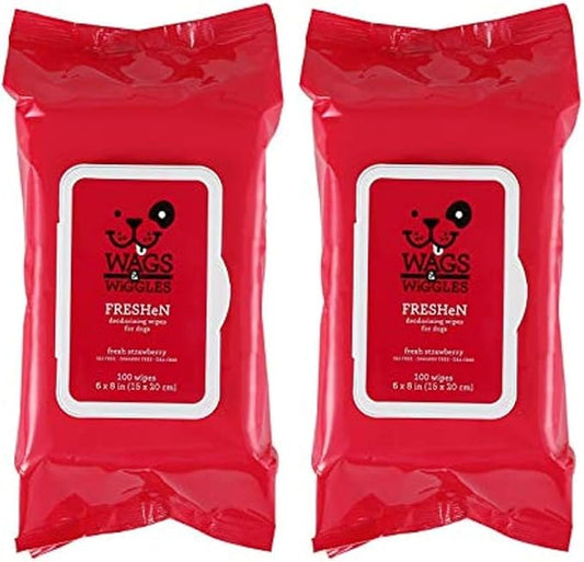 Wags & Wiggles Freshen Deodorizing Wipes for Dogs -Eliminate Odors from Your Dog's Coat -Fresh Strawberries | Easy and Convenient Way to Freshen Your Pet Without A Bath, FF12825, 100 Count (Pack of 2)