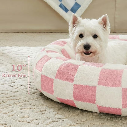 Checkered Dog Bed, Cute Girly Pink Retro Style Aesthetic Round Warming Pet Calming Beds for Small Dog and Cats, Plush Cozy Donut Dog Beds Washable, 30" L x 30" W x 8" Th