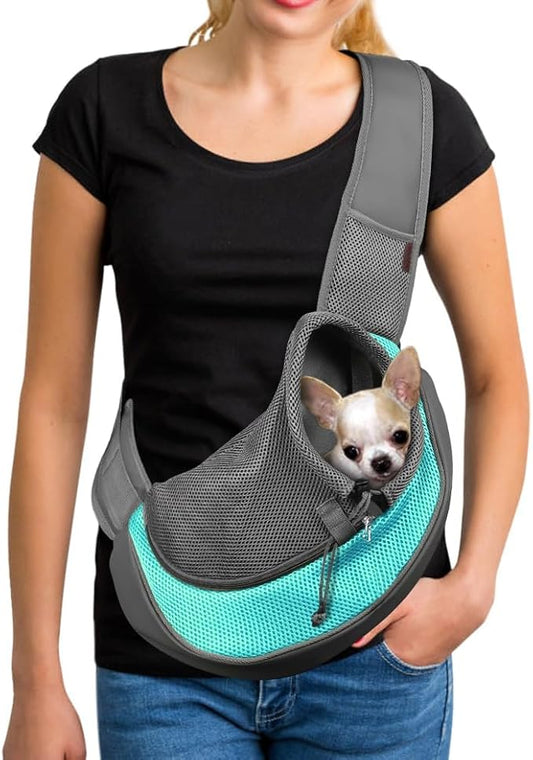 YUDODO Pet Sling Carrier for 10-15 lbs Small Dogs & Cats – Hands-Free Puppy Carrier with Safety Hook, Large Zipper Pocket, Soft Breathable Mesh, Adjustable Strap & Reflective Strip (Cyan 1.0 L)