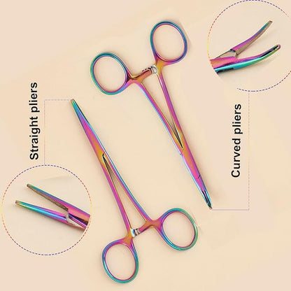 Pets ears/nose hair Puller Straight & Curved full serrated, stainless steel Home Hemostat Locking Forceps, Professional pet grooming tool for cats & dogs 2pcs set （Gradient color）