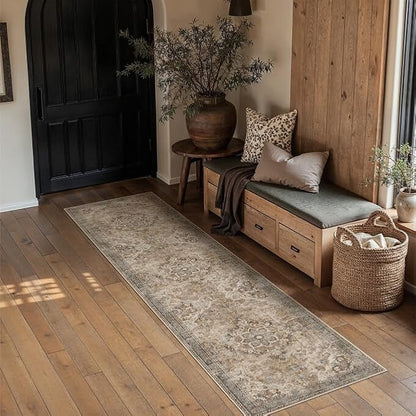 Brown Runner Rug 2x8 Washable Vintage Long Carpet Low Pile Traditional Distressed Retro Accent Indoor Hallway Throw Rug Non Slip for Kitchen Laundry Bathroom Dining Room