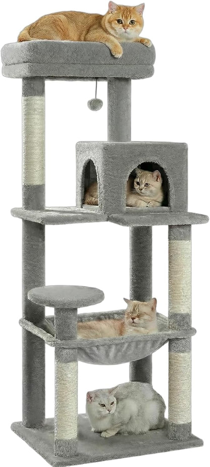 MUTTROS Cat Tree for Large Cats Adult with Metal Plush Big Hammock, 56.3" Cat Tower with 2 Door Condo House, 6-Tier Cat Shelves with Scratching Posts and Large Top Perch, Gray
