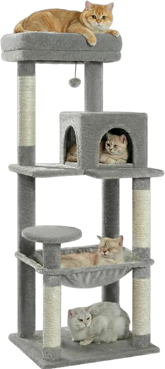 MUTTROS Cat Tree for Large Cats Adult with Metal Plush Big Hammock, 56.3" Cat Tower with 2 Door Condo House, 6-Tier Cat Shelves with Scratching Posts and Large Top Perch, Gray