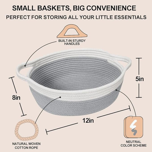 Small Dog Toy Basket, Woven Cotton Rope Storage Box for Cat Dog, Pet Baby Nursery Organizer, Empty Baskets for Gifts, Wicker Basket with Handles, Cute Shelf Bin for Decor, 12"x 8"x 5", Gray
