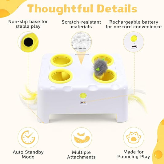 Cheese Box Interactive Cat Toy for Indoor Cats, 3-in-1 Whack a Mole Feather Toy, 3 Modes Rechargeable Auto Cat Toys for Bored Cats, 4 Holes Kitten Toy, 4 Accessories (White)
