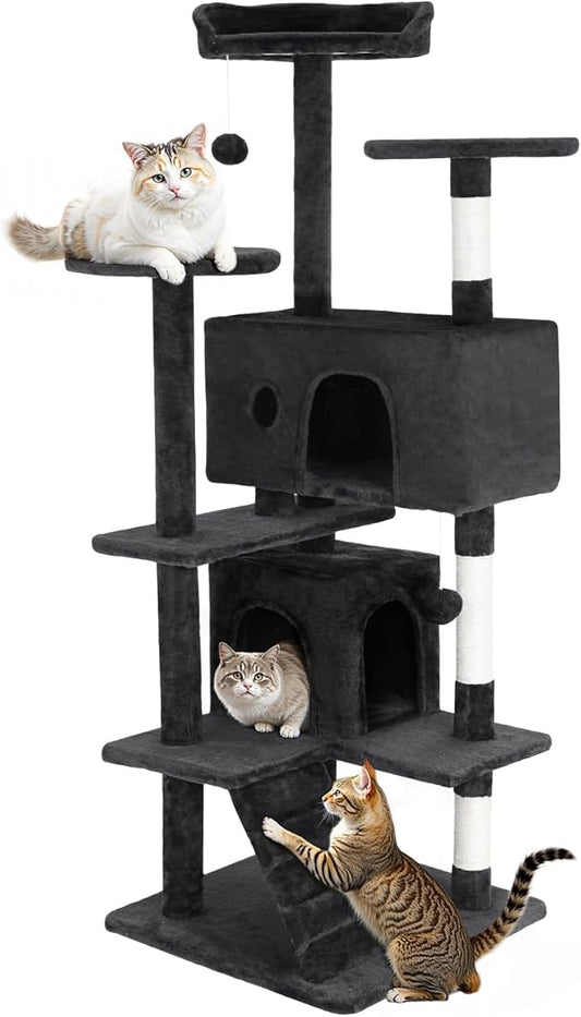 FDW Cat Tree 54in Cat Tower Multi-Level Durable Cat Scratching Post & Cozy Fun Cat Jumping Platform Space Saving Cat Condo Pet Play House for Indoor Cats,Grey