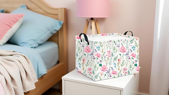 CLOCOR Rectangular Storage Basket,Collapsible Cute Pattern Storage Bin,Waterproof Books Box with Handles,Gift Basket(Blossoming)